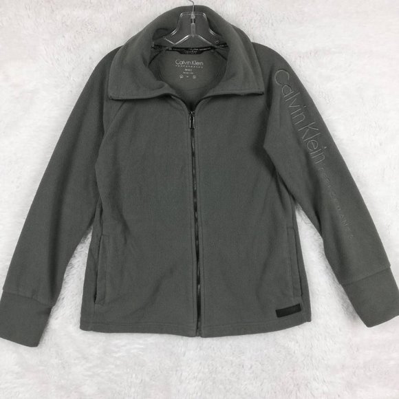 Calvin Klein Performance Womens Fleece Jacket Gray Solid Full Zip Pockets Logo S - Picture 1 of 12